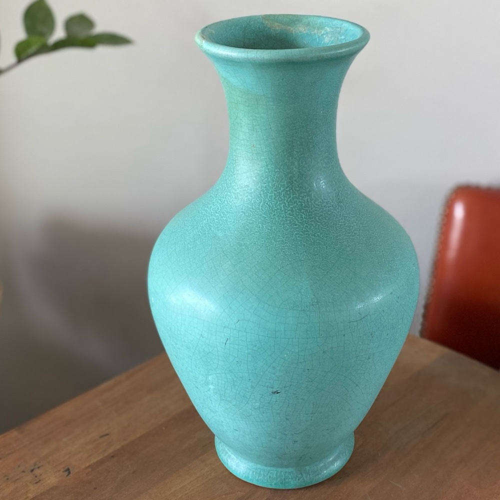 Large Weller Pottery Evergreen/Turquoise Vase Satin Matt Green 12” Vintage